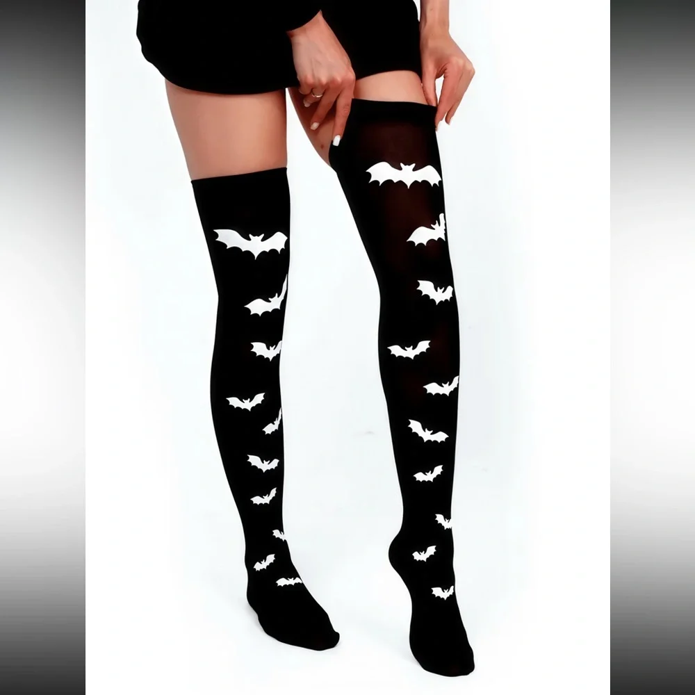 Black Thigh-High Socks with White Bat Design 🦇